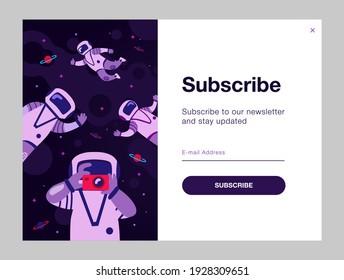 Email subscription design with funny cosmonauts. Online newsletter template with astronauts flying in space. Galaxy adventure and universe concept. Design for website illustration