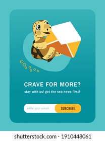 Email subscription design with funny turtle holding envelope. Online newsletter template with subscribing button and sea turtle. Marine wildlife and animals concept. Design for website illustration