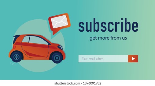 Diseño de suscripción por correo electrónico con auto hatchback. Plantilla de boletín en línea para canal de automóviles, tienda o página web. El concepto de transporte y transporte. Diseño para ilustración de sitio web
