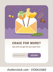 Email subscription design with lollipops in envelope. Online newsletter template with candies and sweets. Tasty food and confectionery concept. Design for website illustration