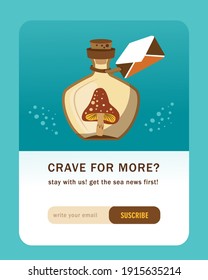 Email subscription design with mushroom in bottle. Online newsletter template with magic ingredient in glass flask. Witchcraft and spell concept. Design for website illustration