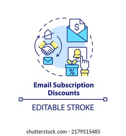 Email subscription discounts concept icon. Gaining leads through emails. Bonuses type abstract idea thin line illustration. Isolated outline drawing. Editable stroke. Arial, Myriad Pro-Bold fonts used