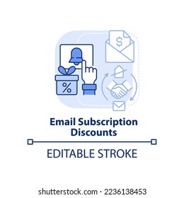 La suscripción por correo electrónico descuenta el icono de concepto azul claro. Recolectar pistas. Bonus tipeo idea abstracta ilustración de línea delgada. Dibujo de contorno aislado. Trazo editable. Fuentes Arial, Myriad Pro-Bold utilizadas