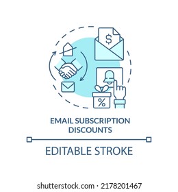 La suscripción por correo electrónico descontará el icono del concepto turquesa. Ganando pistas. Bonus tipeo idea abstracta ilustración de línea delgada. Dibujo de contorno aislado. Trazo editable. Fuentes Arial, Myriad Pro-Bold utilizadas
