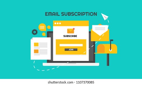 Email Subscription - Email Marketing Campaign - Newsletter Marketing  Strategy Flat Design Vector Banner Isolated On Green Background