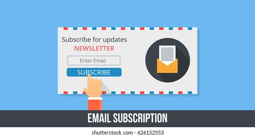 Email subscription and newsletter flat vector concept isolated on blue background
