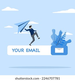 Email subscription to send newsletter for product promotions and updates, businessman launching origami paper airplane on email subscription form on website, online communication and marketing concept