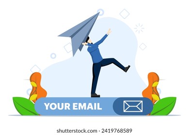 Email subscription to send newsletter for product promotions and updates, businessman launching origami paper airplane on email subscription form on website, online communication and marketing concept