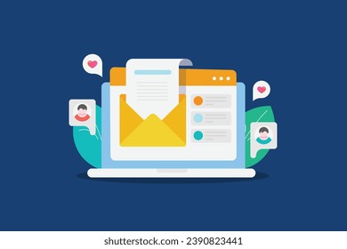 Suscripción al correo electrónico, marketing de contenido de sitios web, publicidad por correo electrónico, contenido digital, campaña de correo electrónico de medios sociales - fondo de ilustración vectorial con iconos
