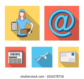 Email symbol, courier with parcel, postal airplane, pack of newspapers.Mail and postman set collection icons in flat style vector symbol stock illustration web.