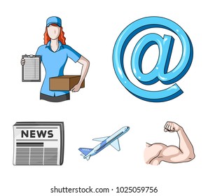 Email symbol, courier with parcel, postal airplane, pack of newspapers. Mail and postman set collection icons in cartoon style vector symbol stock illustration web.