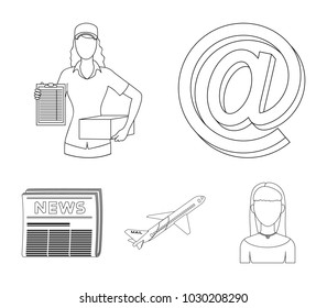 Email symbol, courier with parcel, postal airplane, pack of newspapers.Mail and postman set collection icons in outline style vector symbol stock illustration web.