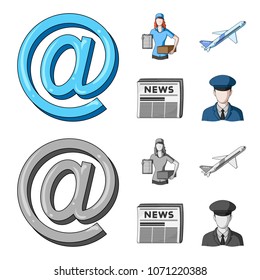 Email symbol, courier with parcel, postal airplane, pack of newspapers.Mail and postman set collection icons in cartoon,monochrome style vector symbol stock illustration web.