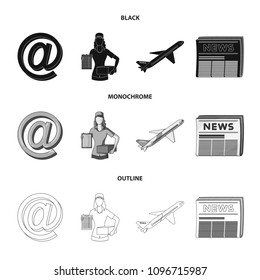 Email symbol, courier with parcel, postal airplane, pack of newspapers.Mail and postman set collection icons in black,monochrome,outline style vector symbol stock illustration web.
