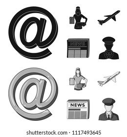 Email symbol, courier with parcel, postal airplane, pack of newspapers.Mail and postman set collection icons in black,monochrome style vector symbol stock illustration web.