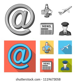 Email symbol, courier with parcel, postal airplane, pack of newspapers.Mail and postman set collection icons in monochrome,flat style vector symbol stock illustration web.