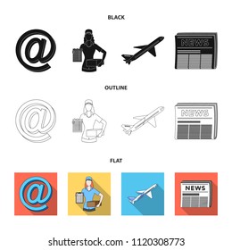 Email symbol, courier with parcel, postal airplane, pack of newspapers.Mail and postman set collection icons in black,flat,outline style vector symbol stock illustration web.