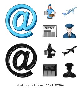 Email symbol, courier with parcel, postal airplane, pack of newspapers.Mail and postman set collection icons in cartoon,black style vector symbol stock illustration web.