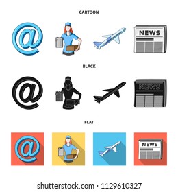 Email symbol, courier with parcel, postal airplane, pack of newspapers.Mail and postman set collection icons in cartoon,black,flat style vector symbol stock illustration web.