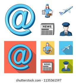 Email symbol, courier with parcel, postal airplane, pack of newspapers.Mail and postman set collection icons in cartoon,flat style vector symbol stock illustration web.