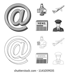 Email symbol, courier with parcel, postal airplane, pack of newspapers.Mail and postman set collection icons in outline,monochrome style vector symbol stock illustration web.