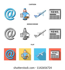 Email symbol, courier with parcel, postal airplane, pack of newspapers.Mail and postman set collection icons in cartoon,flat,monochrome style vector symbol stock illustration web.