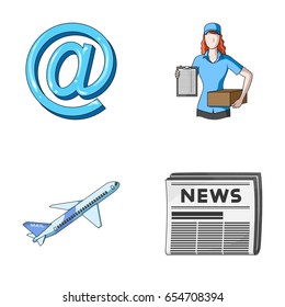 Email symbol, courier with parcel, postal airplane, pack of newspapers.Mail and postman set collection icons in cartoon style vector symbol stock illustration web.