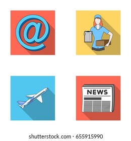 Email symbol, courier with parcel, postal airplane, pack of newspapers.Mail and postman set collection icons in flat style vector symbol stock illustration web.