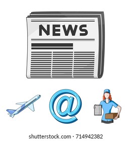 Email symbol, courier with parcel, postal airplane, pack of newspapers.Mail and postman set collection icons in cartoon style vector symbol stock illustration web.