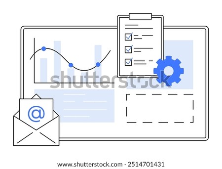 Email symbol, graph with line and bar charts, checklist on clipboard, and settings gear on workspace screen. Ideal for data management, email marketing, analytics, productivity, and software setting