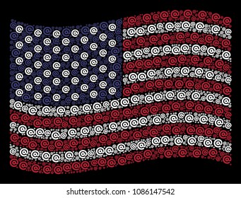 Email symbol icons are combined into waving United States flag stylization on a dark background. Vector collage of USA state flag is constructed with email symbol items.