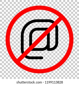 E-mail symbol, internet mail icon. Linear, thin outline. Not allowed, black object in red warning sign with transparent background