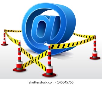 Email symbol located in restricted area. Dangerous at sign surrounded barrier tape. Vector image about internet, communication services, information technology, email, telecommunication, etc