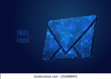 Email symbol. Low poly wireframe vector illustration. Concept of postal internet service. Technology digital image with polygon mesh.Isolated blue points connect lines on dark  blue background.