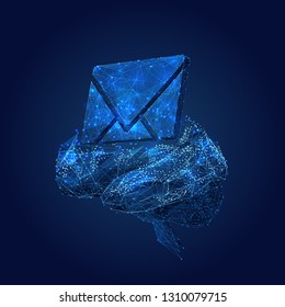 Email symbol on the brain background. Low poly wireframe vector illustration. Concept of email management. Technology digital image with polygon mesh. Isolated blue and lines on dark blue background.