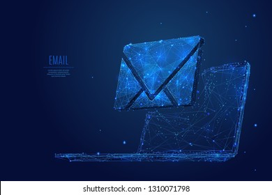 Email symbol on the laptop monitor screen  Low poly wireframe vector illustration. Concept of postal internet service. Futuristic technology digital image with polygon mesh.