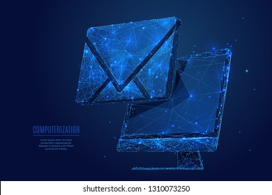 Email symbol on the PC monitor screen  Low poly wireframe vector illustration. Concept of postal internet service. Futuristic technology digital image with polygon mesh. Isolated for website or app.