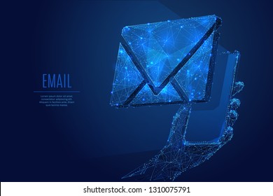 Email symbol on the smartphone screen. Low poly wireframe vector illustration. Concept of postal internet service. Futuristic technology digital image with polygon mesh. Isolated for website or app.
