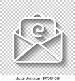 Email symbol, open letter, simple icon. White linear icon with editable stroke and shadow on transparent background