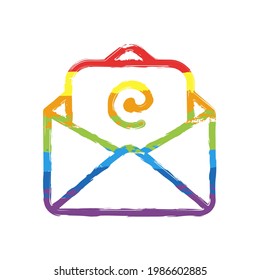 Email symbol, open letter, simple icon. Drawing sign with LGBT style, seven colors of rainbow (red, orange, yellow, green, blue, indigo, violet