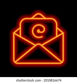 Email symbol, open letter, simple icon. Orange neon style on black background. Light linear icon with editable stroke