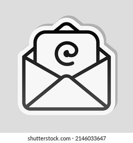 Email symbol, open letter, simple icon. Linear sticker, white border and simple shadow on gray background
