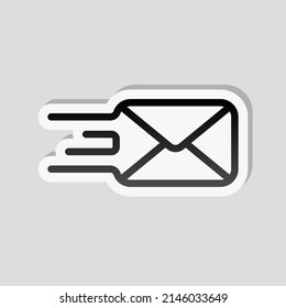 Email symbol, open letter, simple icon. Linear sticker, white border and simple shadow on gray background