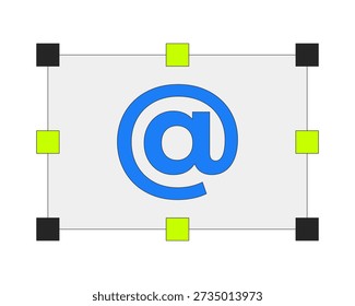 Email symbol with resize handles 2D cartoon object. Scalable at sign ampersat. Web element asperand inside rectangular bounding box isolated element flat vector clip art on white. Spot illustration