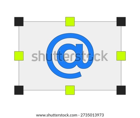 Email symbol with resize handles 2D cartoon object. Scalable at sign ampersat. Web element asperand inside rectangular bounding box isolated element flat vector clip art on white. Spot illustration