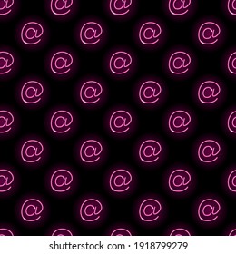 E-mail at symbol seamless pattern with neon pink icons on black background. Email, message, letter, adress concept. Night signboard style. Vector 10 EPS illustration.