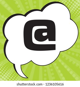 Email symbol. At sign. Vector. Black icon in speech bubble at popart yellow green background.