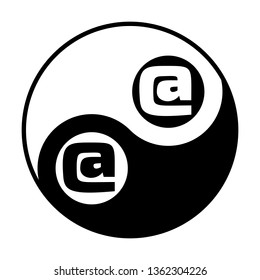 Email symbol. At sign. Vector. Black and white icon inside circles of yin and yang symbol at white background.