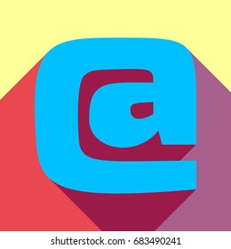 Email symbol. At sign. Vector. Deep sky blue icon with two flat violet and raspberry semitransparent shadows on canary background.