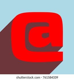 Email symbol. At sign. Vector. Red flat icon with infinte wine shadow to left down corner at sky background.